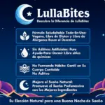 Anuncio digital de Lullabites con cuatro beneficios clave de las gomitas para dormir: fórmula vegana, sin aditivos, no formadoras de hábito y mejora del sueño natural.