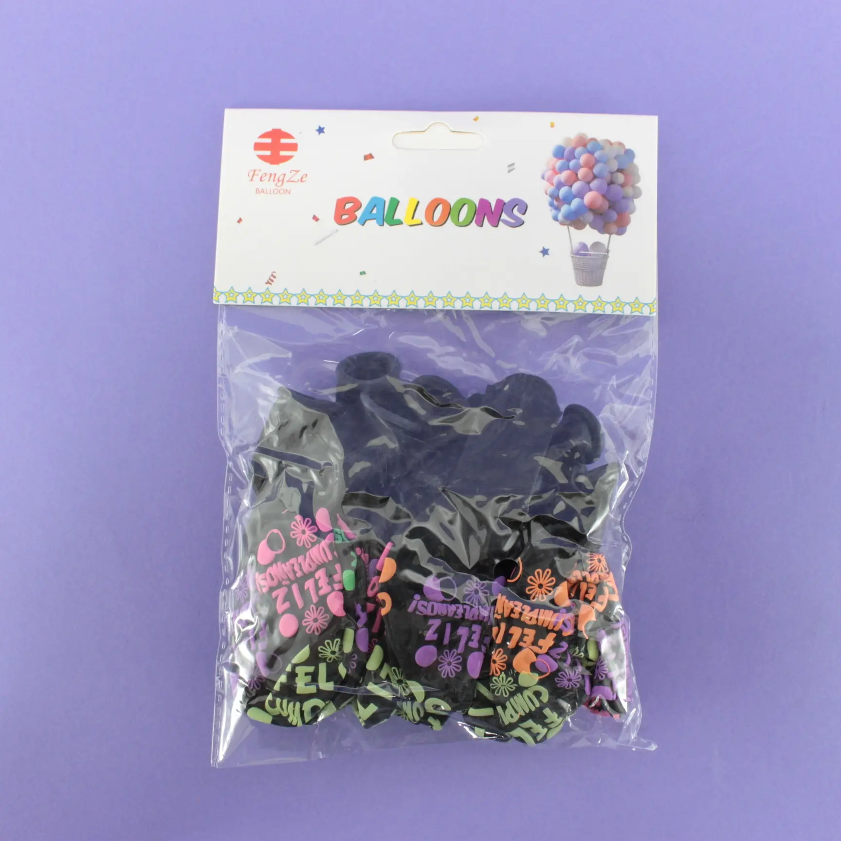 Bolsa con globos negros impresos con frases de feliz cumpleaños en colores fluorescentes neón ideal para fiestas nocturnas con luz ultravioleta