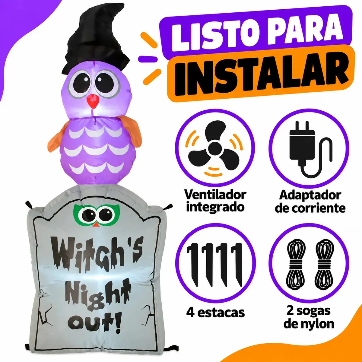 Inflable Halloween Búho con Lápida y Luces LED 1.2M - Ilumina tu entrada con una decoración festiva nocturna