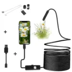 Cámara endoscópica USB con cable negro de 5 metros, control de luz, accesorios de gancho, adaptador y conexión a celular mostrando flores.
