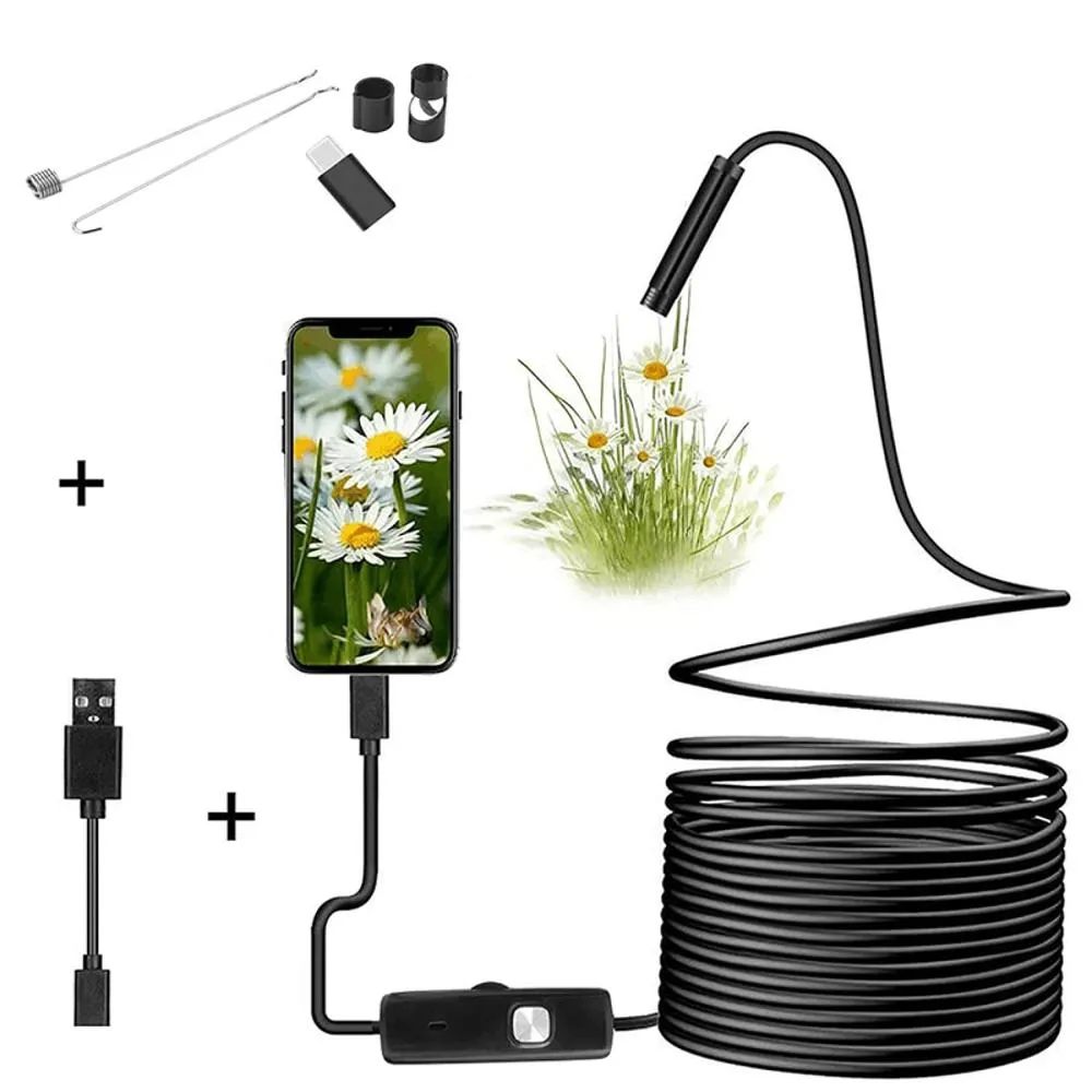 Cámara endoscópica USB con cable negro de 5 metros, control de luz, accesorios de gancho, adaptador y conexión a celular mostrando flores.