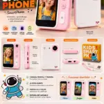 Smartphone infantil color rosa con doble cámara, pantalla a color, juegos, estuche, cable USB y correa incluidos.