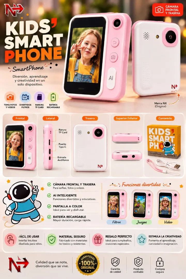 Smartphone infantil color rosa con doble cámara, pantalla a color, juegos, estuche, cable USB y correa incluidos.