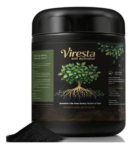 Envase negro de Viresta Soil Activator con de árbol y raíces, junto a una muestra de su textura granulada negra para sustratos.
