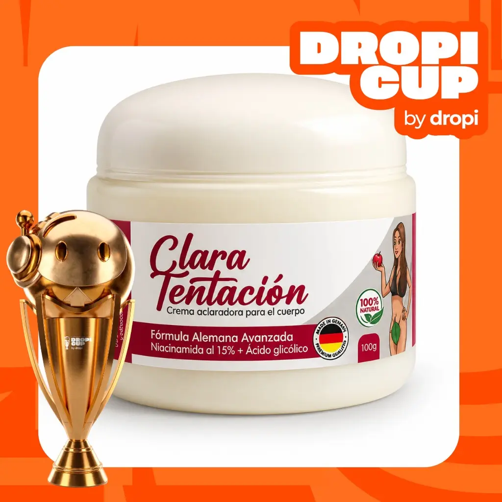 Tarro blanco de crema aclarante corporal Clara Tentación de 100g con fórmula alemana avanzada, acompañado de un trofeo dorado con la marca Dropi.