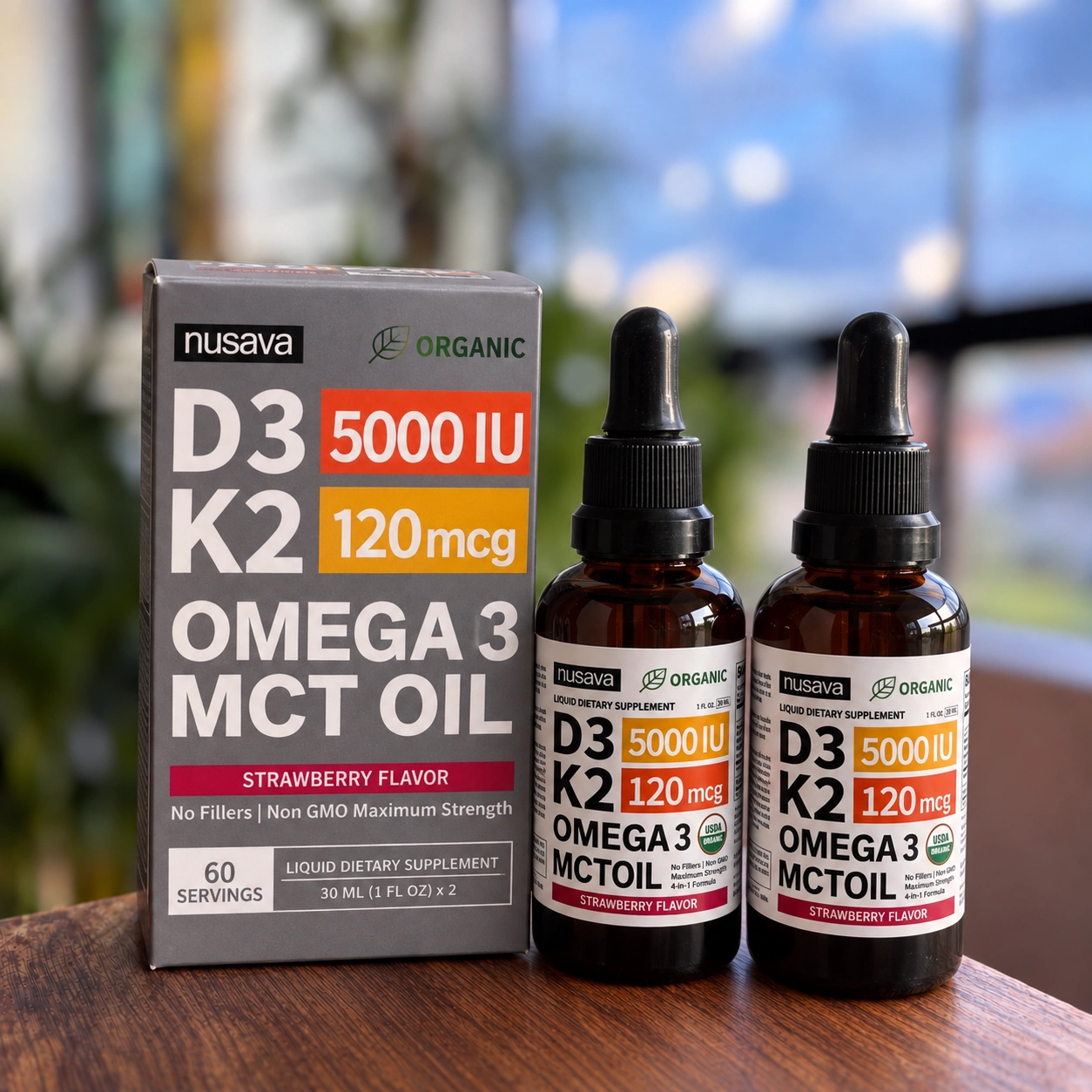 Set de dos frascos goteros de 30 ml de suplemento Nusava D3 K2 con Omega 3 y aceite MCT, sabor fresa, junto a su caja gris sobre mesa de madera.