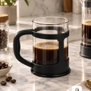 Pocillo de vidrio con soporte y asa térmica negra, lleno de café con espuma, sobre un mesón de mármol con granos de café.