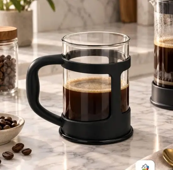 Pocillo de vidrio con soporte y asa térmica negra, lleno de café con espuma, sobre un mesón de mármol con granos de café.