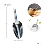 Pala para hielo y granos de acero inoxidable brillante de 21 cm de largo y 7 cm de ancho, con mango cilíndrico y argolla para colgar.