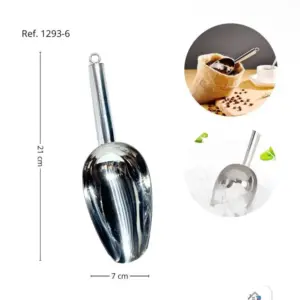 Pala para hielo y granos de acero inoxidable brillante de 21 cm de largo y 7 cm de ancho, con mango cilíndrico y argolla para colgar.