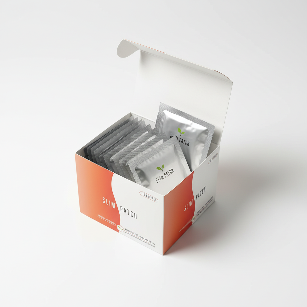 Caja abierta de color naranja y blanco con parches reductores corporales individuales en su interior.