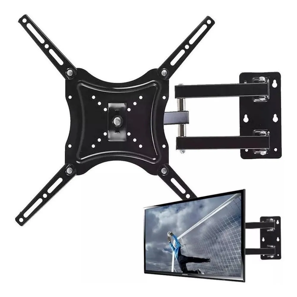 Soporte de pared negro extensible para TV con brazos articulados y placa VESA ajustable, con una vista de uso con un televisor.
