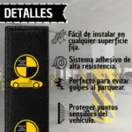 Protector de pared para garaje adhesivo de 100x22 cm, color negro con textura tipo fibra de carbono y logo amarillo, instalado en columnas de estacionamiento.