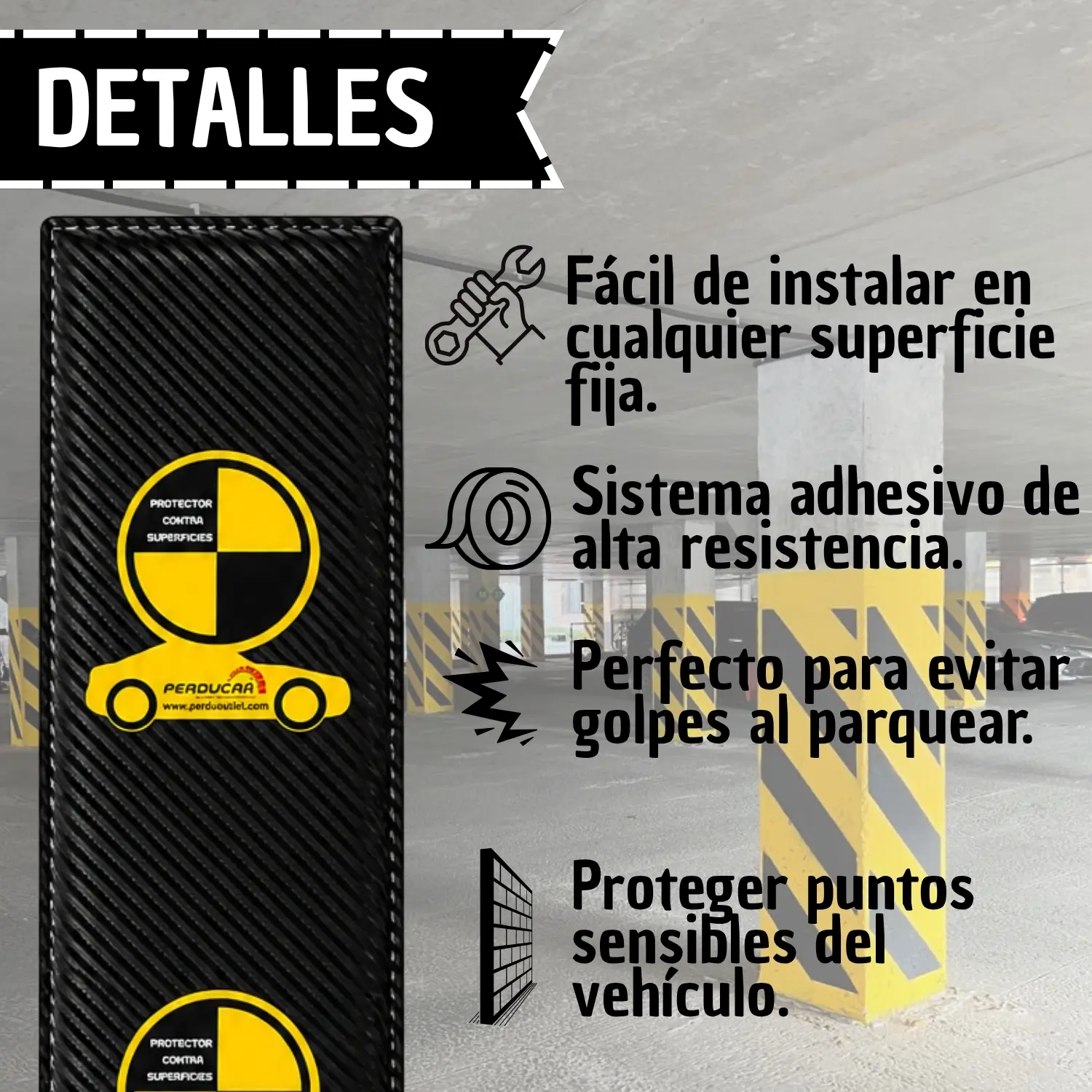 Protector de pared para garaje adhesivo de 100x22 cm, color negro con textura tipo fibra de carbono y logo amarillo, instalado en columnas de estacionamiento.