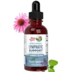 Gotero de vidrio ámbar con etiqueta de MaryRuth Organics para extracto líquido de soporte linfático, decorado con flores y hojas.