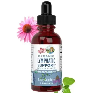 Gotero de vidrio ámbar con etiqueta de MaryRuth Organics para extracto líquido de soporte linfático, decorado con flores y hojas.
