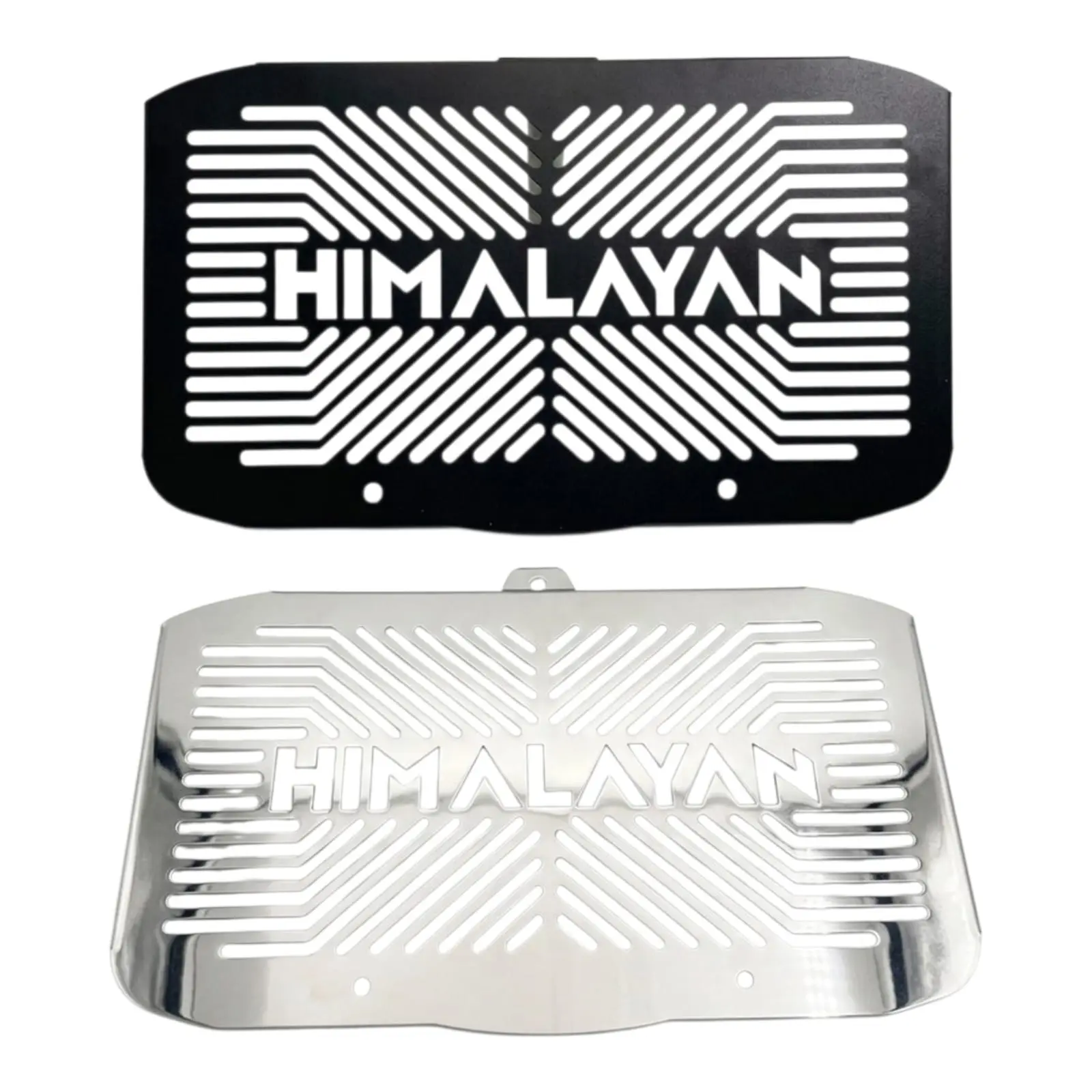 Protectores de radiador para Himalayan 450 con diseño calado "Himalayan" en dos variantes: acabado negro y acero inoxidable plateado.