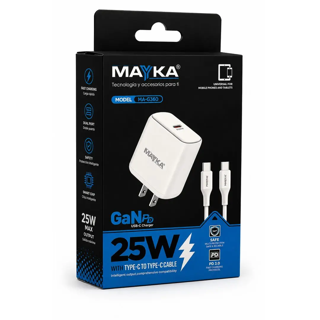 Empaque negro de cargador Mayka GaN 25W modelo MA-G360, incluye adaptador de pared blanco con puerto USB-C y cable de carga tipo C a tipo C.