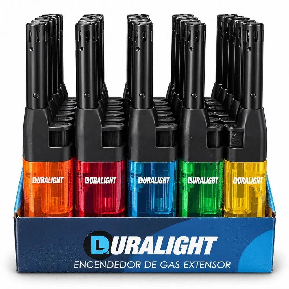 Caja exhibidora con encendedores de gas a gas con cuello largo metálico en colores naranja, rojo, azul, verde y amarillo.