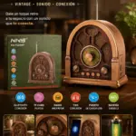 Radio retro portátil marrón con diseño vintage, caja de empaque y funciones Bluetooth, AM/FM y USB sobre mesa de madera.