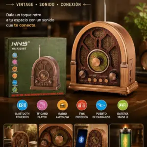 Radio retro portátil marrón con diseño vintage, caja de empaque y funciones Bluetooth, AM/FM y USB sobre mesa de madera.