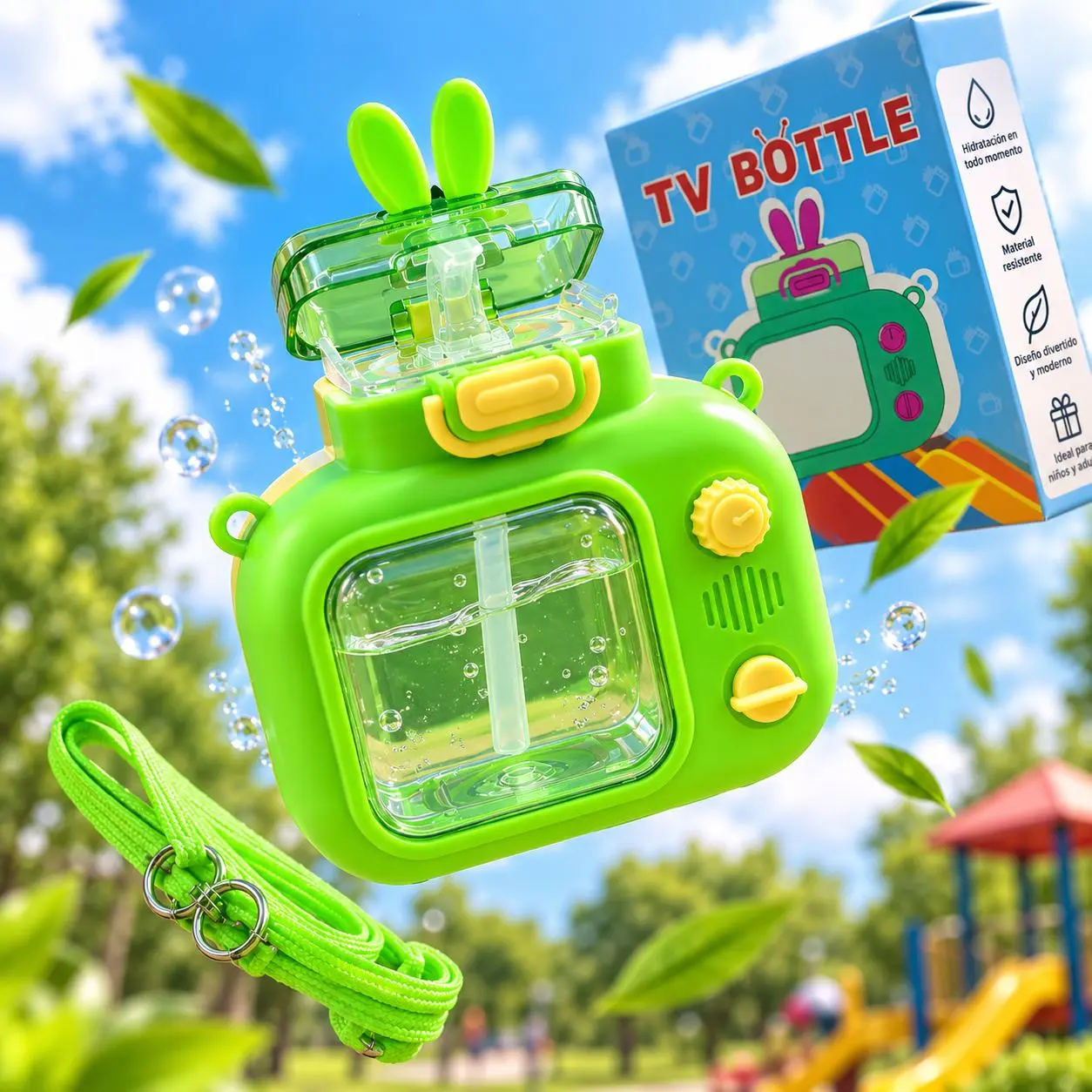 Botella de agua infantil verde en forma de cámara de televisión con caja, correa ajustable, caña integrada y tapa con orejas de conejo, ambientada al aire libre.