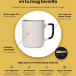 Mug de cerámica blanca acanalada con borde y asa negra de 300 ml, medidas 8 por 8 por 9 cm, ideal para bebidas calientes.
