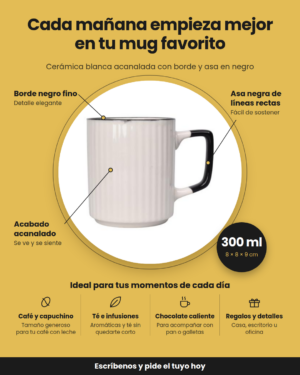 Set x5 Mug de cerámica blanca acanalada 300ml con borde negro - eleva tus desayunos con estilo y estabilidad