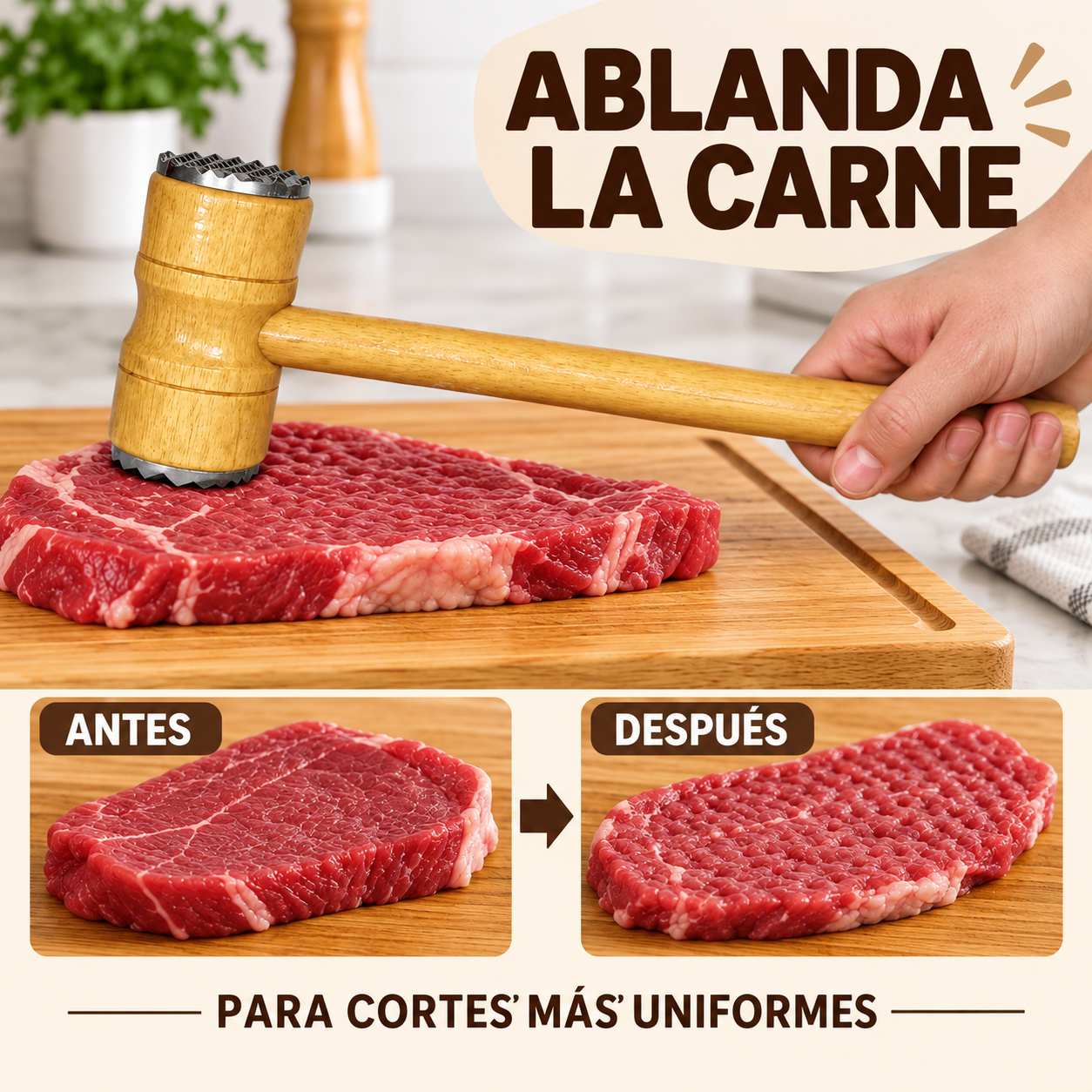 Martillo ablandador de carne de madera con cabeza texturizada sobre bistec crudo en tabla, ideal para cortes uniformes.