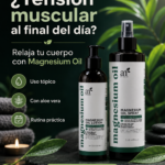 Set de Magnesium Oil ArtNaturals con aloe vera: loción de 250 ml y spray de 450 ml sobre piedra negra, junto a una vela y hojas, para aliviar tensión.