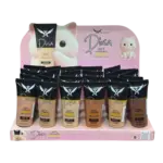 Exhibidor con tubos de base de maquillaje líquida Diosa en varios tonos, acabado mate y FPS 30, diseño con motivo de gato.