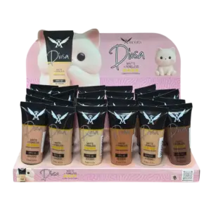 Exhibidor con tubos de base de maquillaje líquida Diosa en varios tonos, acabado mate y FPS 30, diseño con motivo de gato.
