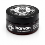 Tarro negro de plástico con tapa a rosca de bálsamo estimulante de barba de 100 ml, con etiqueta frontal blanca y negra que incluye el logotipo.