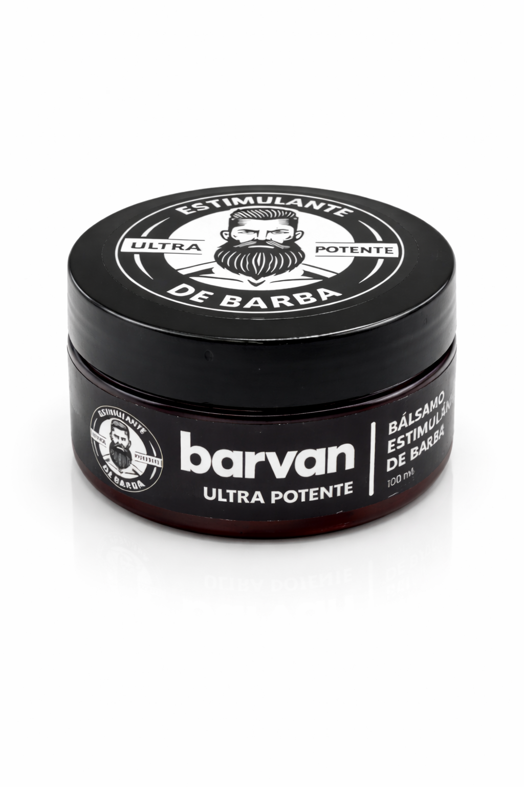 Tarro negro de plástico con tapa a rosca de bálsamo estimulante de barba de 100 ml, con etiqueta frontal blanca y negra que incluye el logotipo.