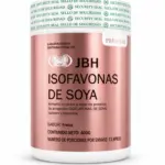 Envase cilíndrico color cobre de Isoflavonas de Soya JBH, 400g, sabor fresa, con proteína de arveja, calostro y manzana, sello de seguridad superior.