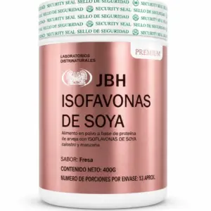 Envase cilíndrico color cobre de Isoflavonas de Soya JBH, 400g, sabor fresa, con proteína de arveja, calostro y manzana, sello de seguridad superior.