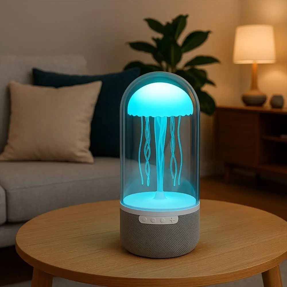 Lámpara LED de medusa azul brillante en cúpula transparente con base de parlante gris texturizada sobre mesa de madera en una sala.