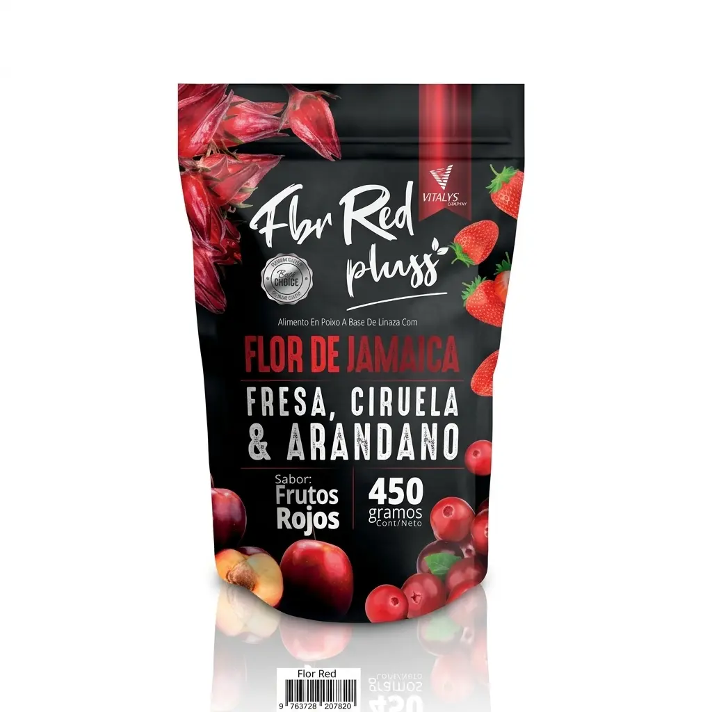 Bolsa negra de bebida en polvo de linaza Vitalys Fbr Red Plus de 450g con ilustraciones de flor de jamaica, fresas y frutos rojos.