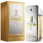 Perfume Paco Rabanne 1 Million Lucky Eau de Toilette de 100 ml, frasco plateado con detalles dorados junto a su caja de empaque en tono oro.
