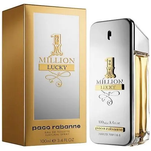 Perfume Paco Rabanne 1 Million Lucky Eau de Toilette de 100 ml, frasco plateado con detalles dorados junto a su caja de empaque en tono oro.