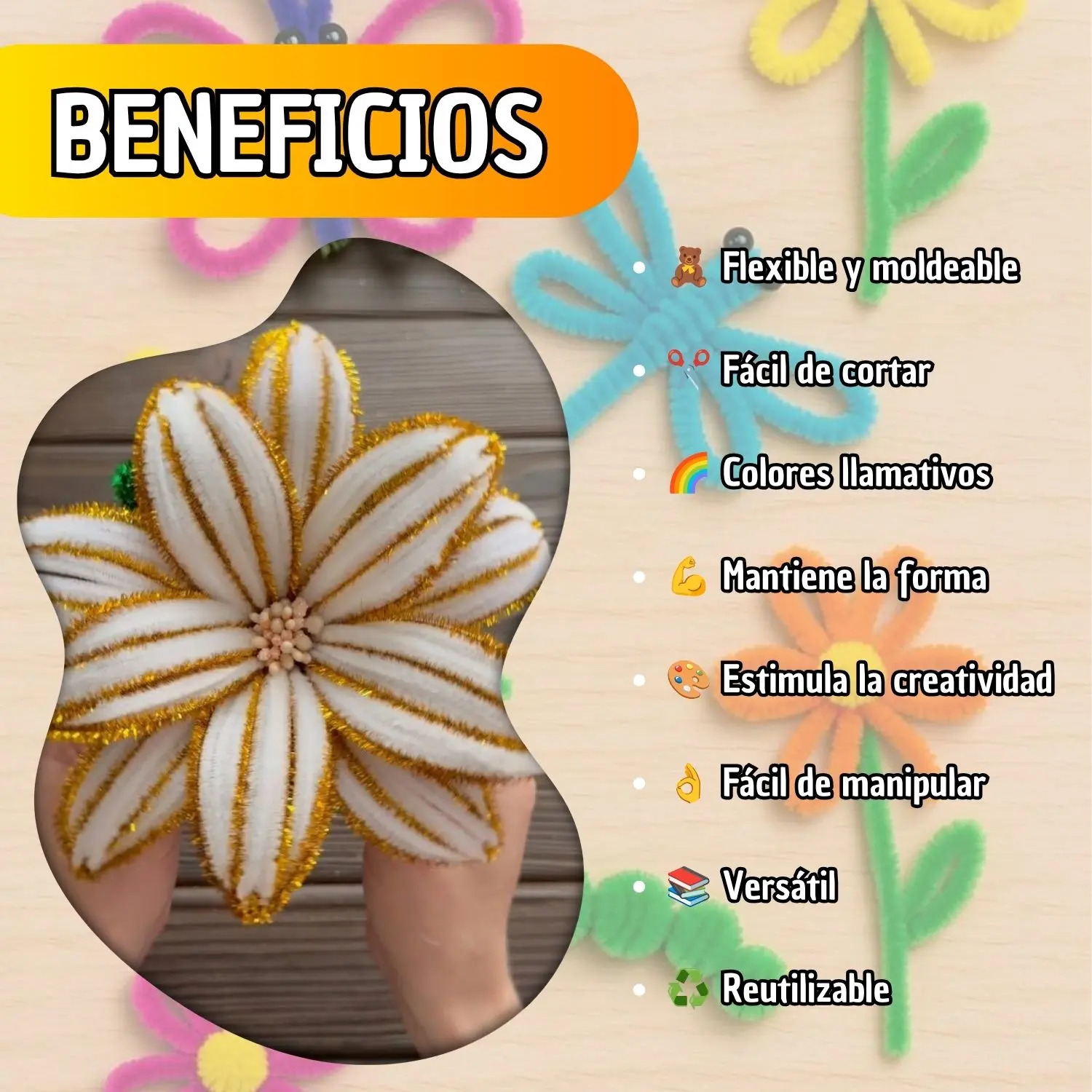 Limpiapipas dorados flexibles en una flor artesanal blanca y dorada, destacando su versatilidad para manualidades y creaciones escolares creativas.