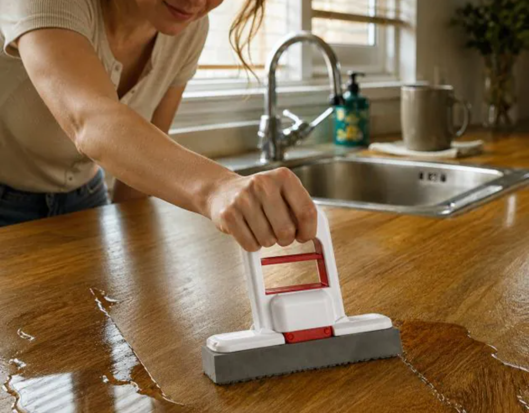 Mini mopa escurridor manual blanca con detalles rojos y base de esponja gris, limpiando agua sobre una encimera de madera en una cocina.