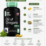 Frasco negro de aceite de orégano 4000 mg con 100 cápsulas blandas, junto a guía visual de uso, beneficios para el sistema inmune y salud digestiva.