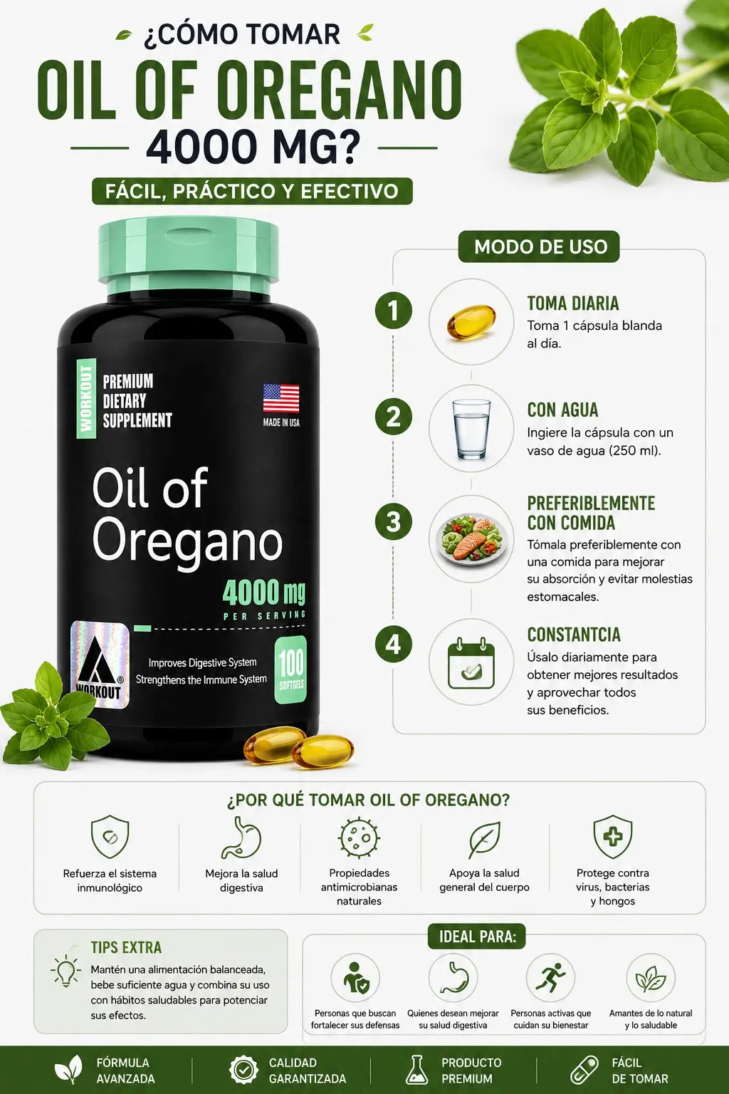 Frasco negro de aceite de orégano 4000 mg con 100 cápsulas blandas, junto a guía visual de uso, beneficios para el sistema inmune y salud digestiva.