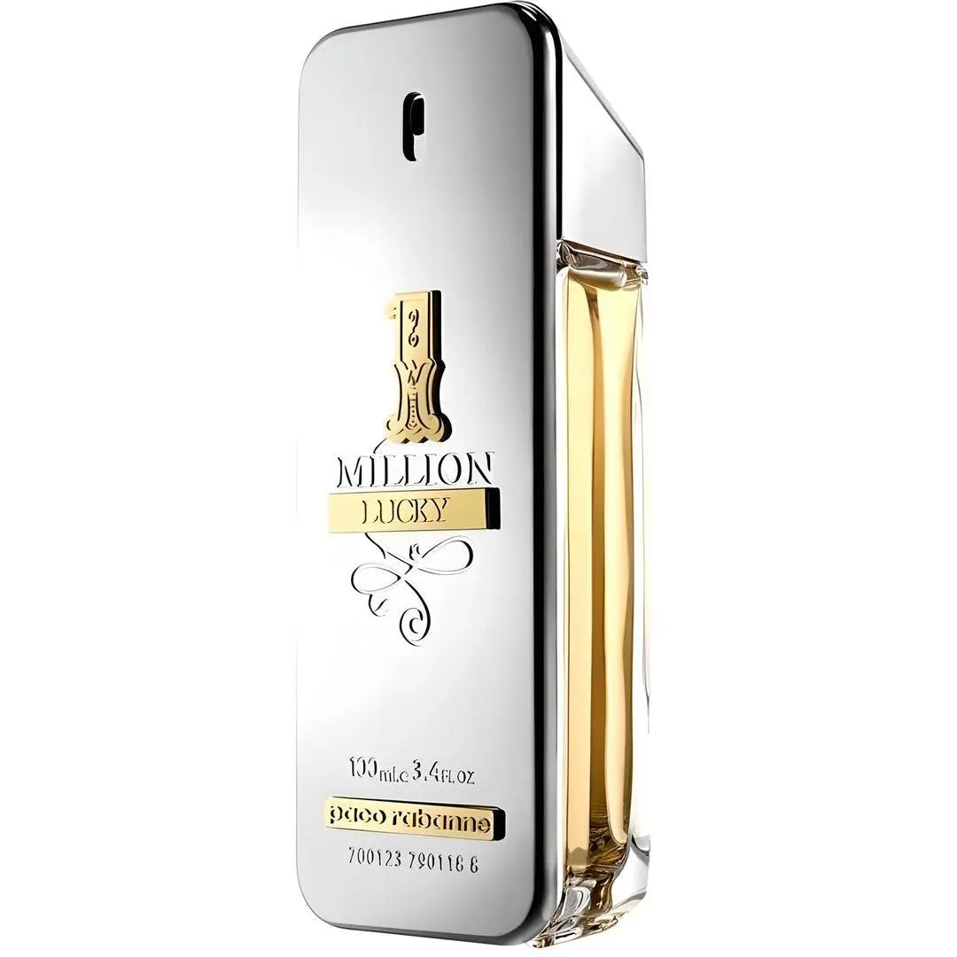 Perfume Paco Rabanne 1 Million Lucky Eau de Toilette, frasco plateado con detalles dorados, 100 ml, diseño elegante en forma de lingote.