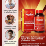 Publicidad de MegaRed Omega-3 Krill Oil en frasco y caja, destacando beneficios para la salud cardíaca, fácil absorción y sin sabor a pescado.