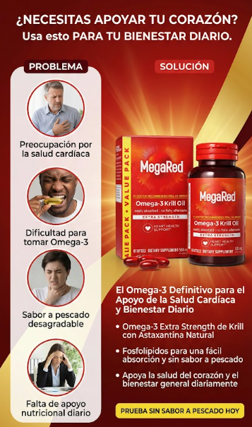 Publicidad de MegaRed Omega-3 Krill Oil en frasco y caja, destacando beneficios para la salud cardíaca, fácil absorción y sin sabor a pescado.