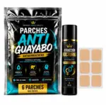 Set de 6 parches transdérmicos anti resaca en empaque negro con azul y frasco roll-on perfumado de 10 ml con feromonas.