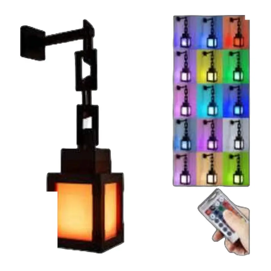 Lámpara nocturna LED estilo antorcha pixelada con brazo de montaje, cadena colgante, luz naranja cálida y control remoto con opciones multicolor.