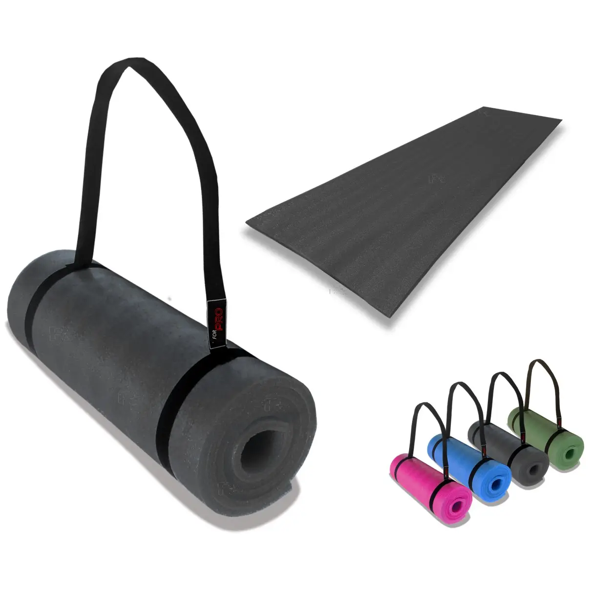 Colchoneta mat negra enrollada con correa de transporte negra y un mat plano desplegado al fondo, junto a otras de colores rosa, azul, gris y verde.